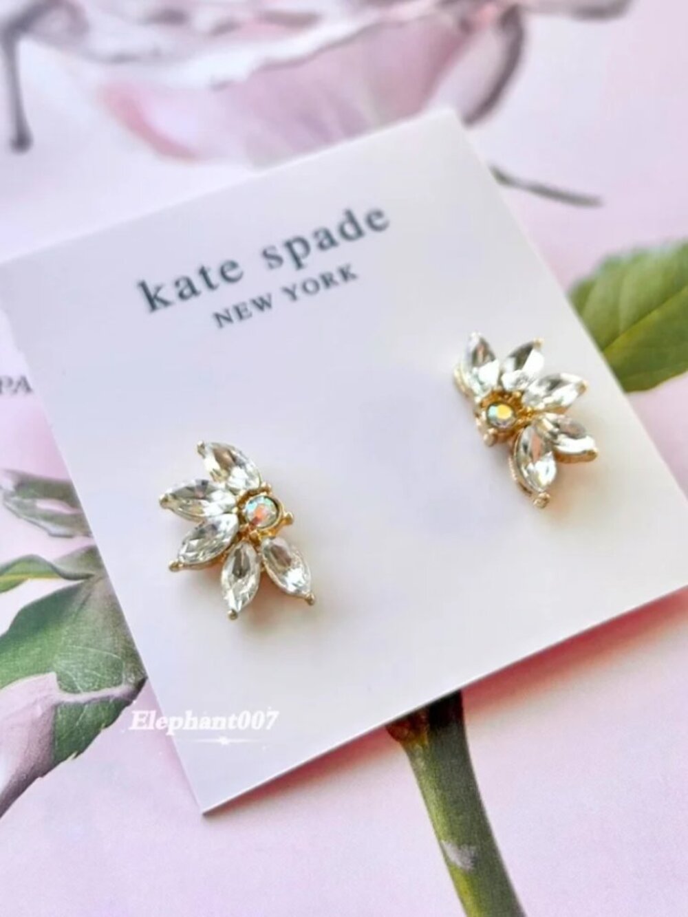 Kate Spade Crystal Floral Stud Earrings Gold Tone Sparkly Flower Design